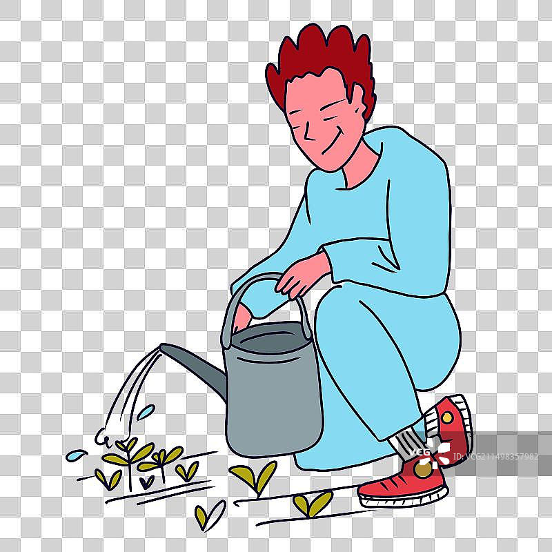男子在花园里给春季幼苗浇水图片素材