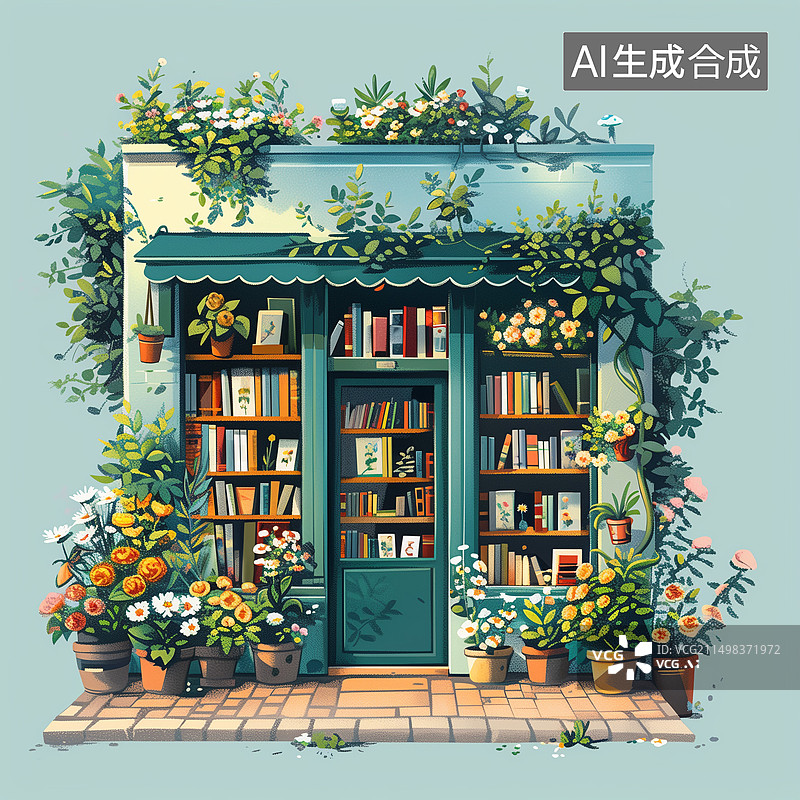 【AI数字艺术】扁平插图，门前种满盆栽的小小书店图片素材
