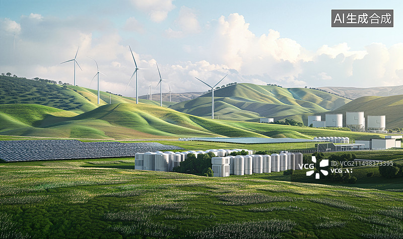 【AI数字艺术】草原上风力发电站图片素材