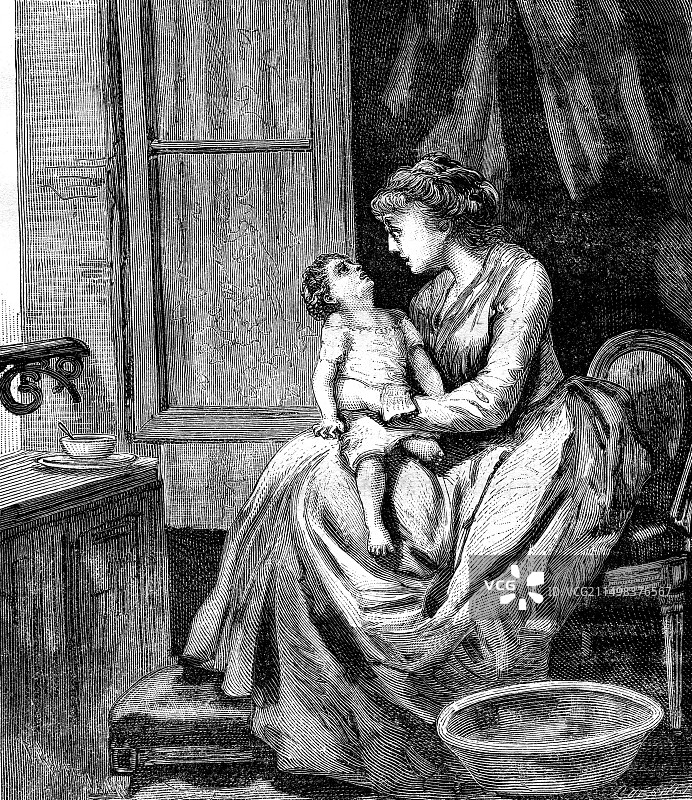 患哮吼的儿童，19世纪插图图片素材