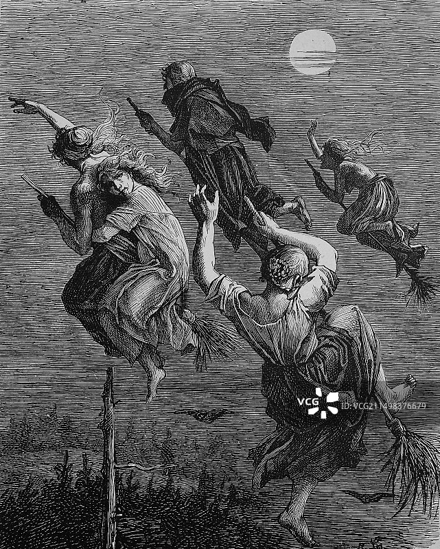 骑在扫帚上的女巫插画图片素材