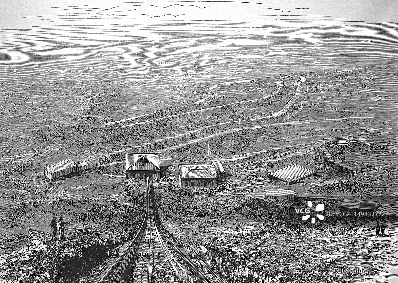 维苏威火山的铁路，19世纪插图图片素材