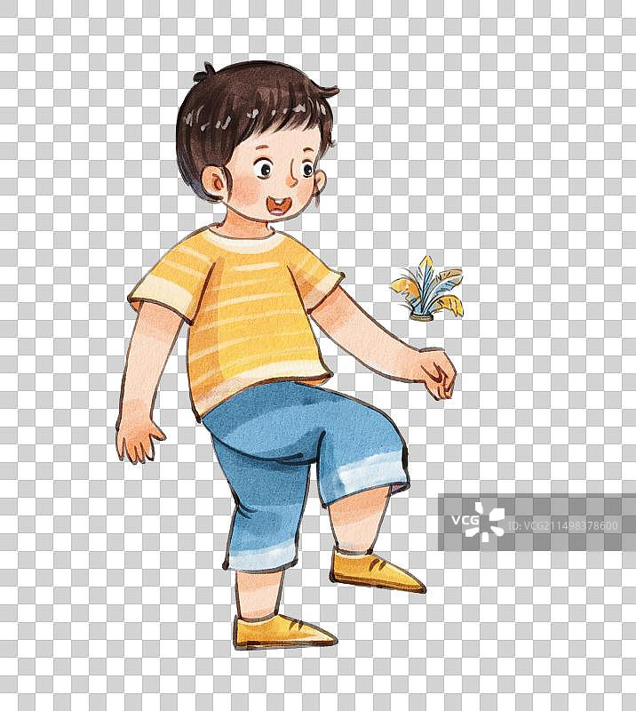 手绘水彩黄衣服男孩儿童踢毽子免抠元素图片素材