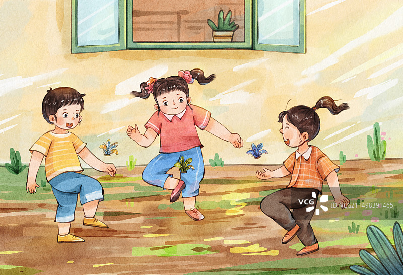 手绘水彩童年回忆之踢毽子的儿童可爱治愈插画图片素材