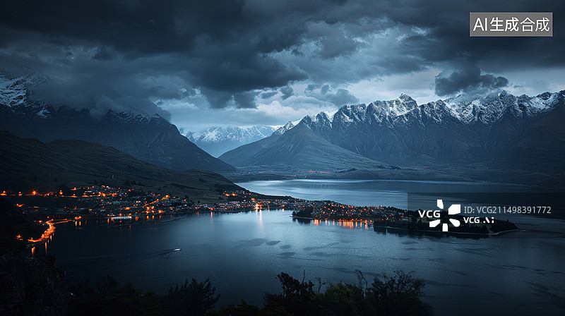 【AI数字艺术】冬日湖边山脚下的北欧小镇图片素材