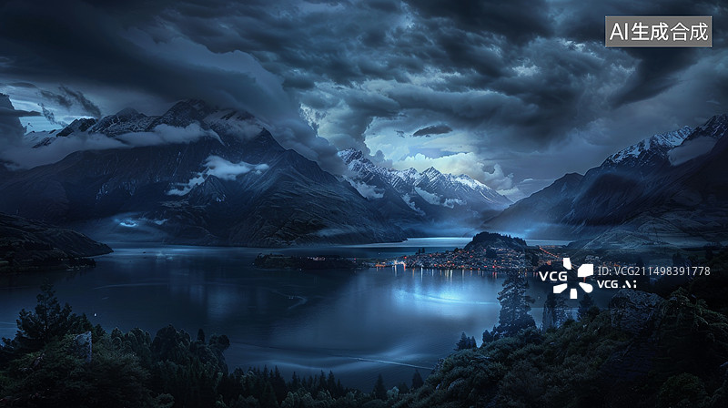 【AI数字艺术】冬日湖边山脚下的北欧小镇图片素材