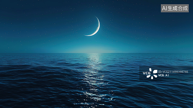 【AI数字艺术】夜晚波光粼粼的水面上升起的一轮明月图片素材