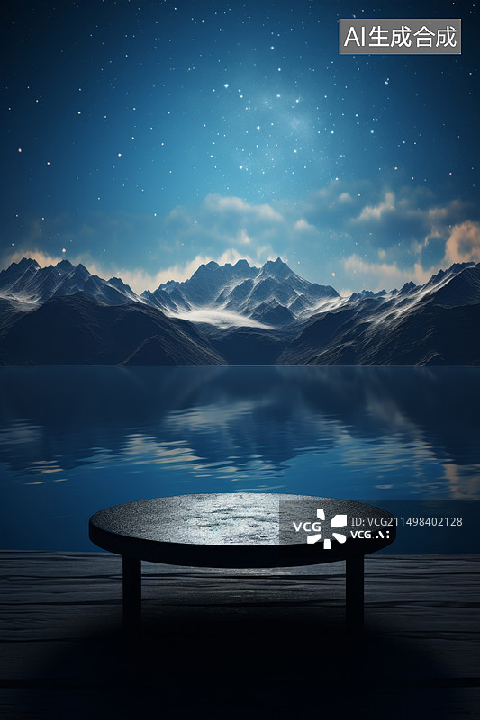 【AI数字艺术】夜晚雪山星空湖泊梦幻电商产品展台背景图图片素材