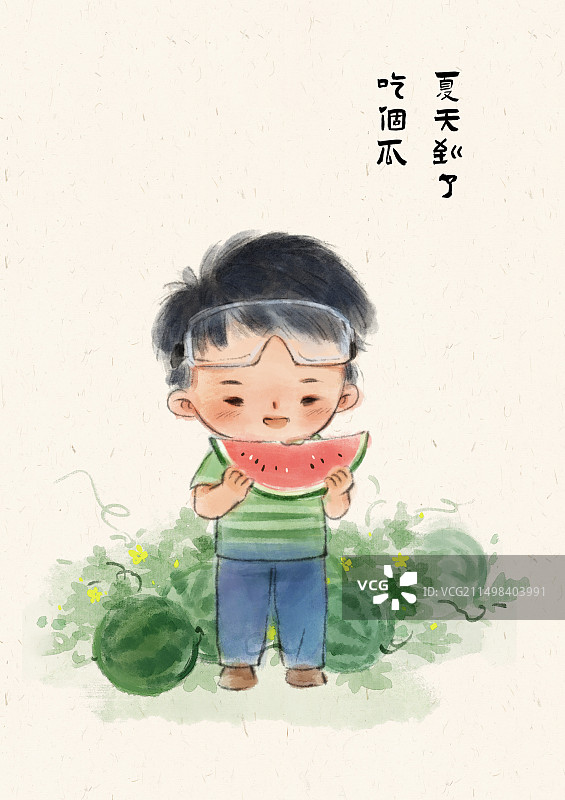 西瓜田里吃西瓜的儿童图片素材