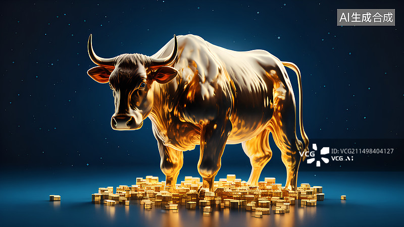 【AI数字艺术】黑色背景下桌子上的硬币和牛的特写镜头图片素材