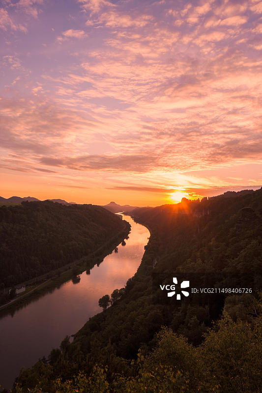 德国萨克森州巴特尚道小巴斯泰的Schrammstein地区日落图片素材