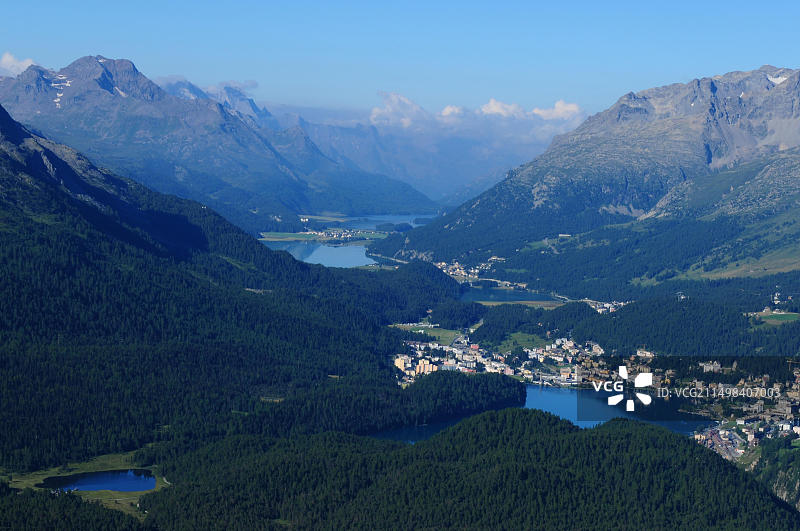 瑞士阿尔卑斯山：上恩嘎丁的冰川湖泊全景图片素材