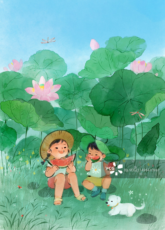 荷花草地上吃西瓜的儿童图片素材