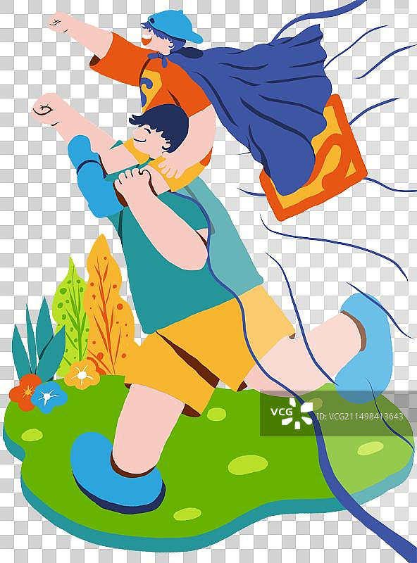 父亲载着孩子在草地上奔跑图片素材