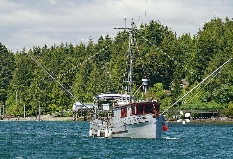 森林前的小渔船，位于加拿大不列颠哥伦比亚省温哥华岛太平洋沿岸国家公园图片素材