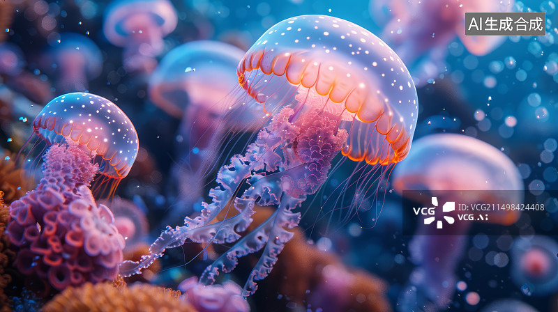 【AI数字艺术】深海中发着荧光的水母特写图片素材