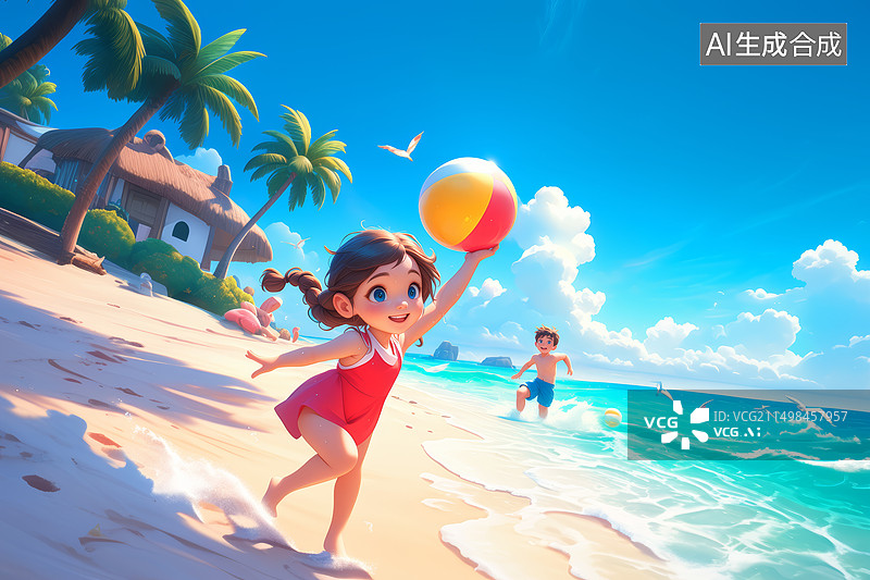 【AI数字艺术】可爱的卡通女孩在沙滩上欢乐的玩耍图片素材