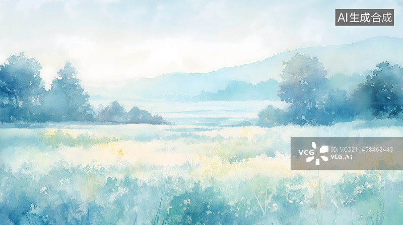 【AI数字艺术】水彩风春夏田野绿色风景插画背景图片素材