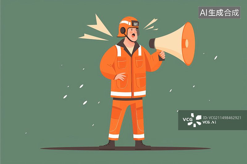 【AI数字艺术】卡通消防员拿着喇叭宣传注意消防安全插画图片素材
