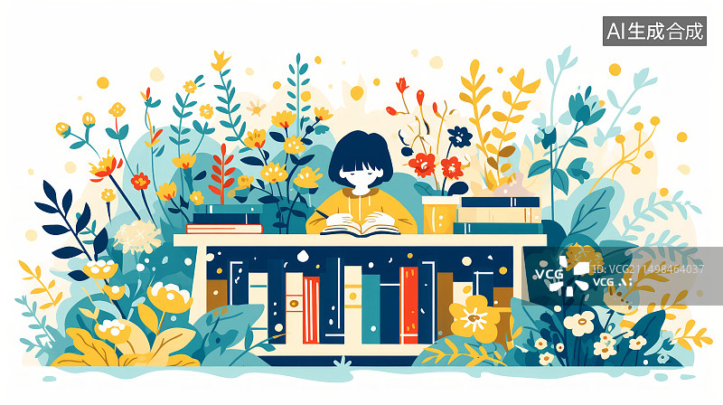 【AI数字艺术】在图书馆看书阅读的女孩，绿色植物背景扁平化插画图片素材