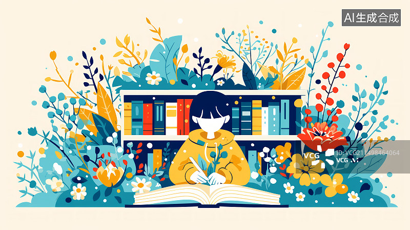 【AI数字艺术】在图书馆看书阅读的女孩，绿色植物背景扁平化插画图片素材