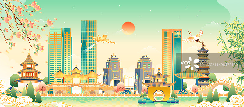 江苏扬州城市地标建筑矢量插画图片素材