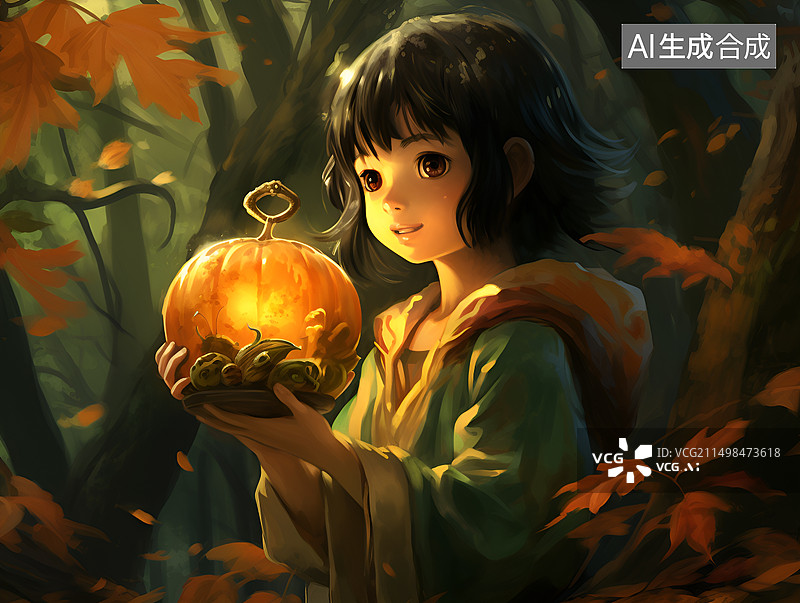 【AI数字艺术】孩子手捧着南瓜灯图片素材