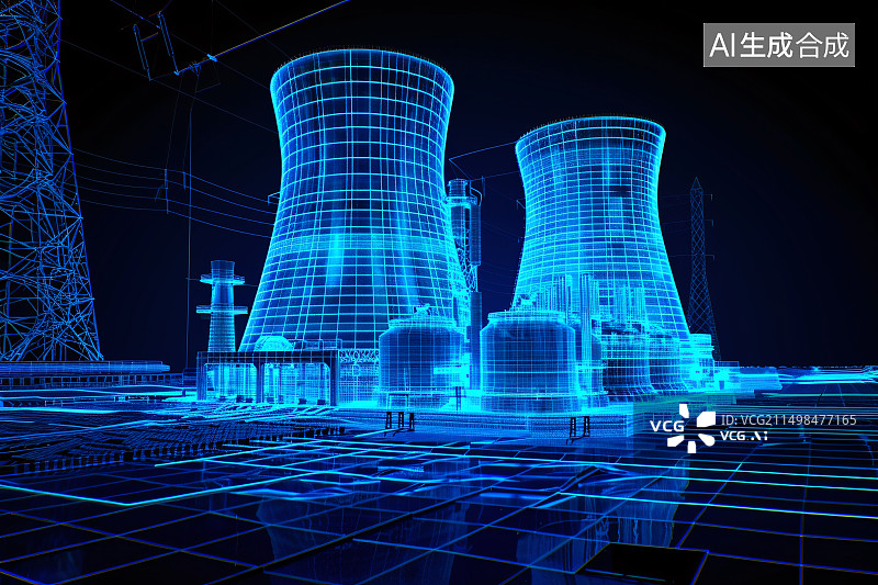 【AI数字艺术】科技蓝色发光核电站概念背景图片素材