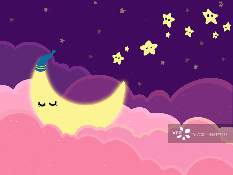 唯美星空插画-发光月亮在云朵里睡觉与闪烁的星星图片素材