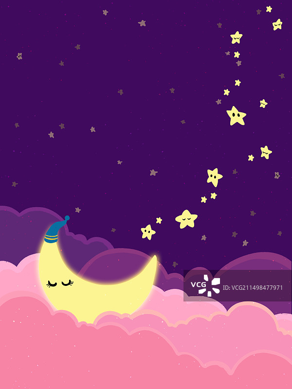 唯美星空插画-发光月亮在云朵里睡觉与闪烁的星星图片素材