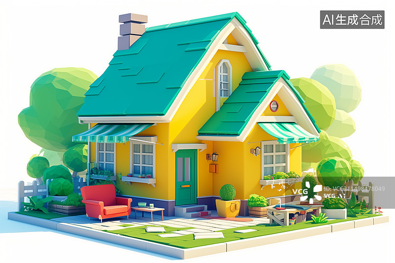 【AI数字艺术】白色背景下低聚风格的别墅房子图片素材
