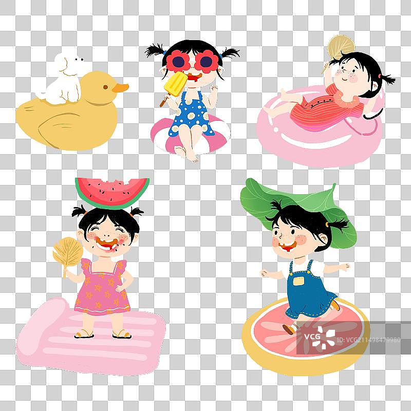 夏天夏令营游泳池游泳圈气垫船与小孩子元素图片素材