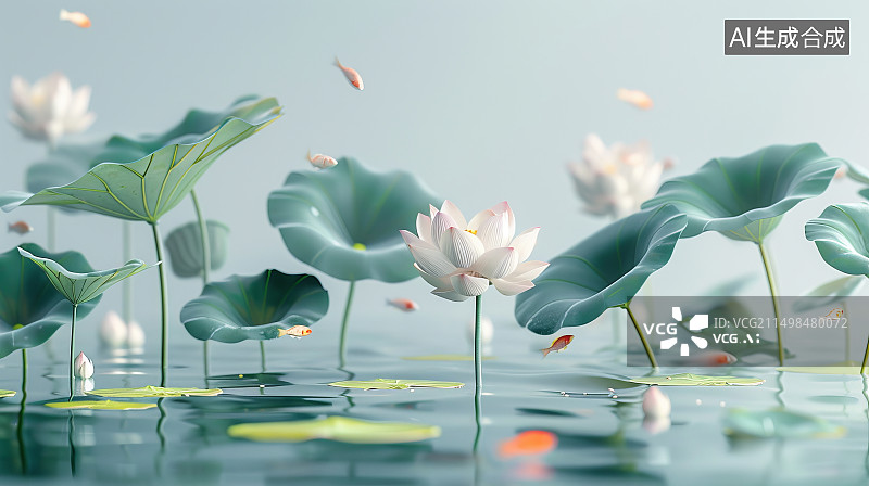 【AI数字艺术】水中荷花与鱼的优雅景致图片素材