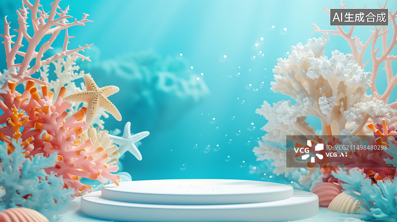 【AI数字艺术】夏天海洋主题电商产品展台背景3D图片素材