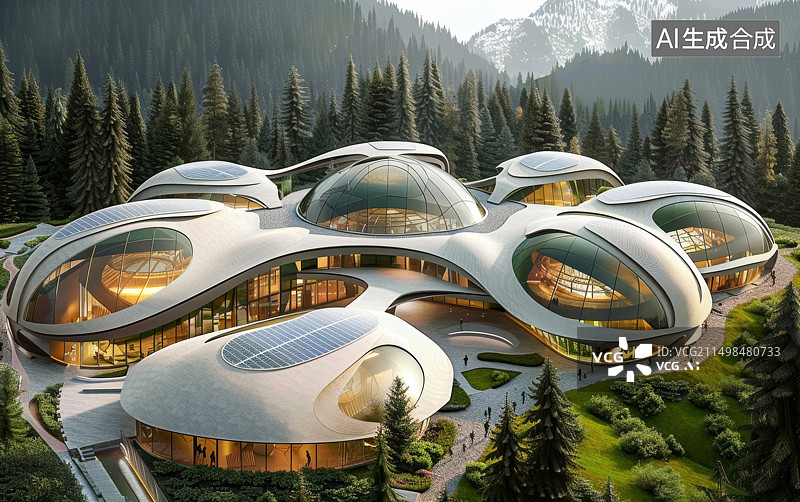 【AI数字艺术】山地森林中的未来抽象建筑酒店图片素材