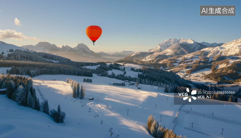 【AI数字艺术】热气球飞越滑雪场景图片素材