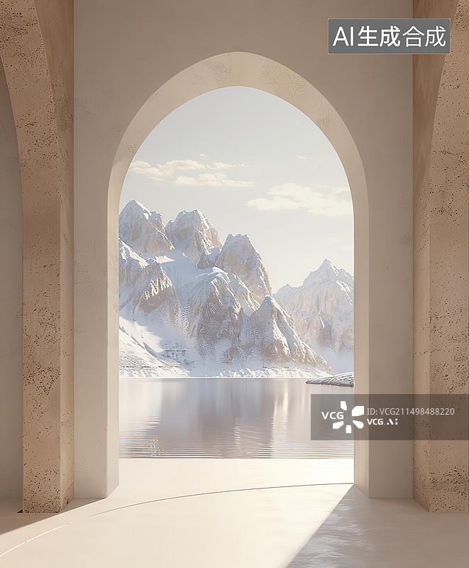 【AI数字艺术】白雪皑皑的群山对天的海景图片素材