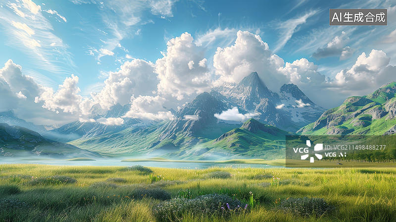 【AI数字艺术】山谷、绿地、湖泊与山峰图片素材