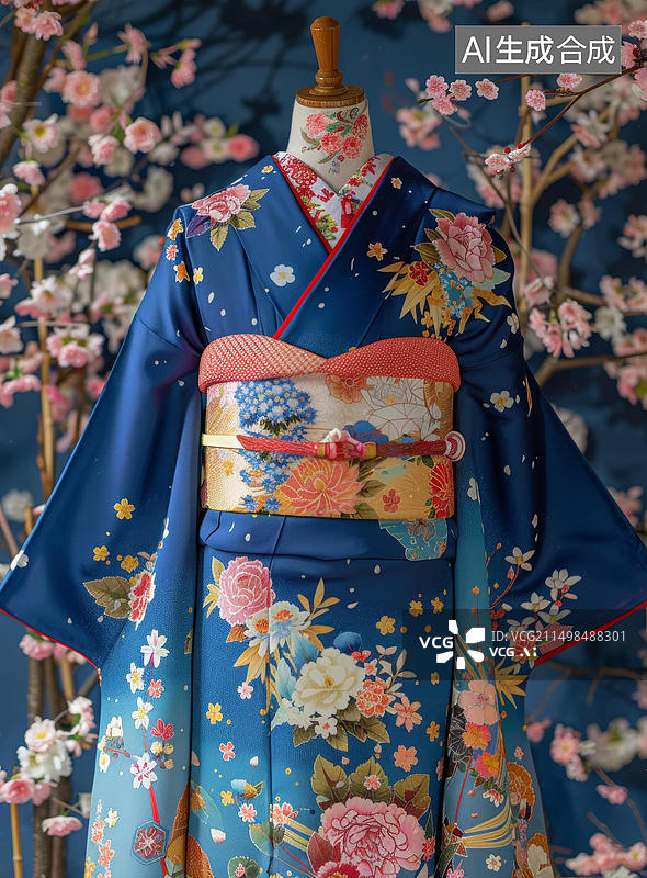 【AI数字艺术】一件带花卉图案的和服和一条粉色的腰带图片素材