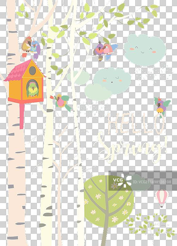 桦树与有小鸟的鸟屋图片素材