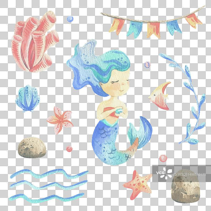拿着贝壳的小女孩美人鱼图片素材