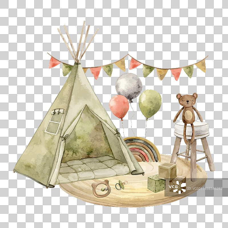 儿童室内印第安帐篷椅水彩画图片素材
