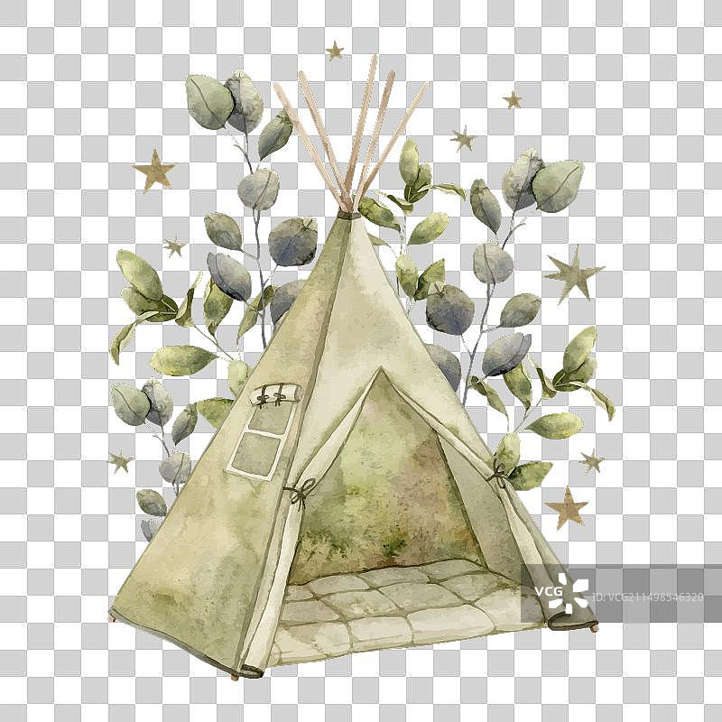 儿童绿色小屋水彩画图片素材