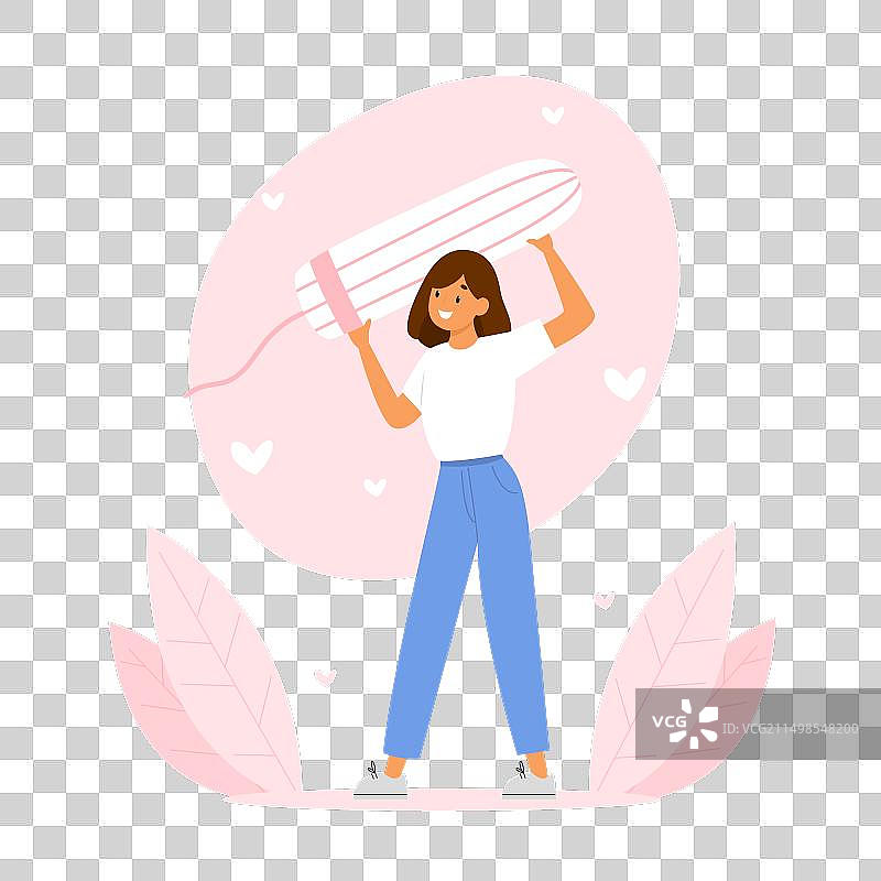 女孩手持巨大卫生棉条，月经期图片素材