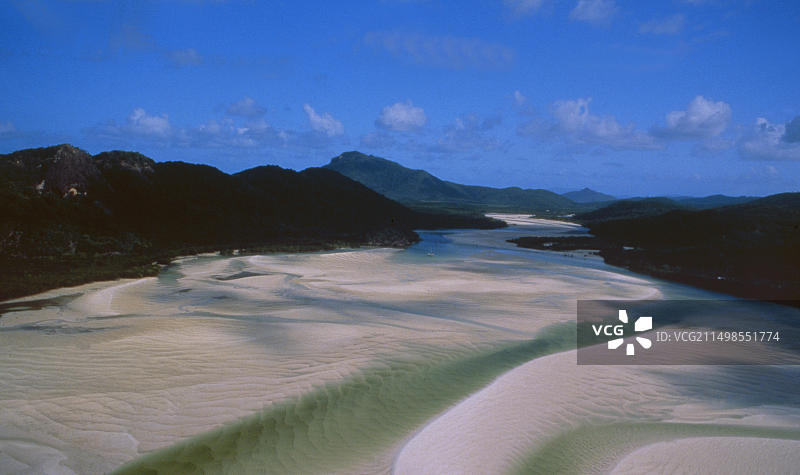 澳大利亚大堡礁：圣灵群岛海岸线和汉密尔顿岛附近白色天堂海滩的航拍图片素材