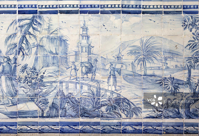 蓝白色瓷砖东方远景中国风，埃武拉大学，葡萄牙，欧洲图片素材