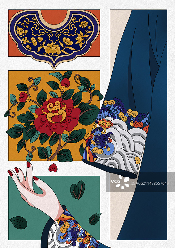 带梅花和牡丹图案的四合纹样传统云肩与带复古牡丹花和如意花苞的壮锦花纹的壮族服饰纹样插画创意视图图片素材