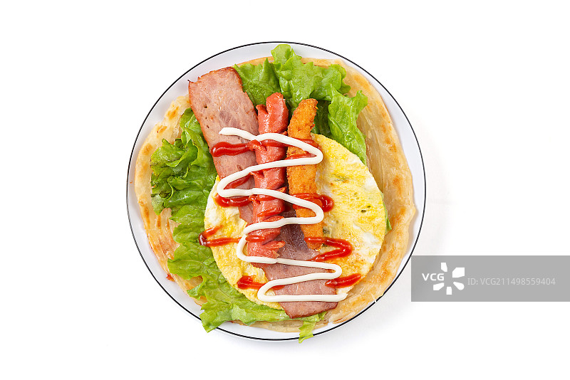 鸡蛋鸡柳培根香肠手抓饼图片素材
