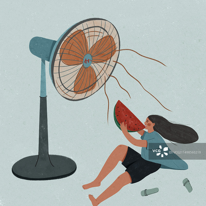 吹着风扇吃着西瓜的女孩，扁平肌理插画图片素材