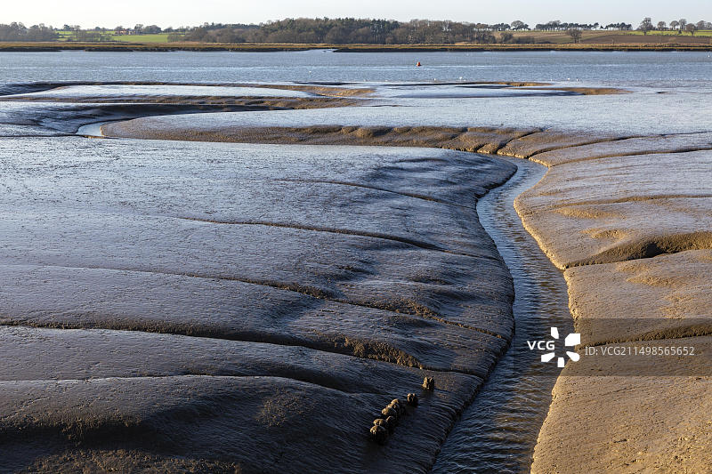 英国萨福克郡萨顿迪本河口低潮时滩涂上的排水沟渠图片素材